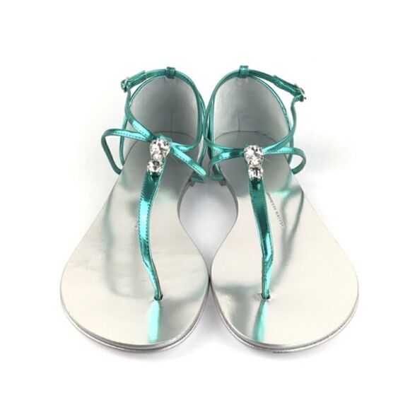 Giuseppe Zanotti Teal Swarovski Crystal Metallic Emerald Leather Sandals 6.5 - Picture 3 of 9